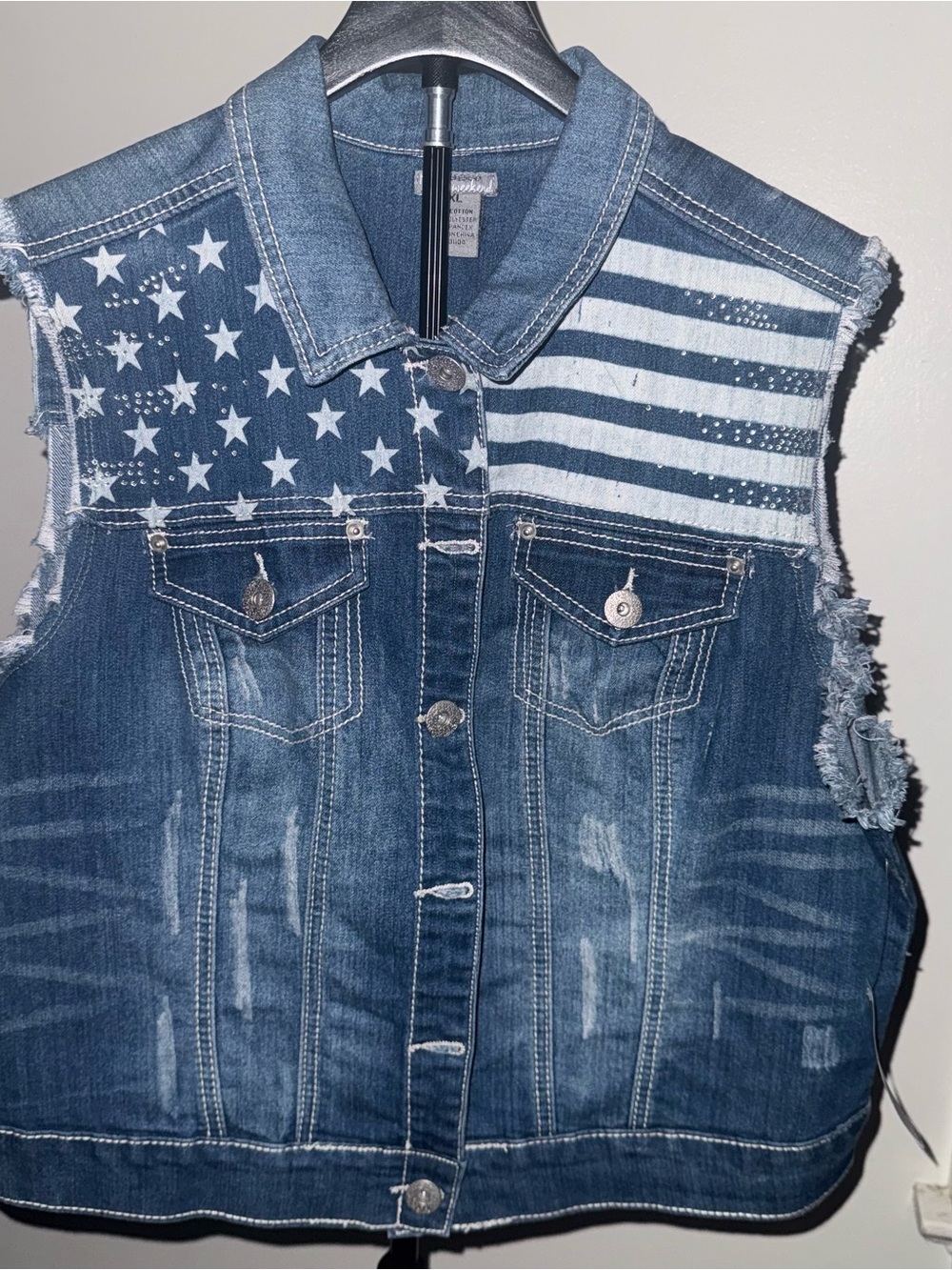new directions Denim Sleeveless Vest with Stars & Stripes Print